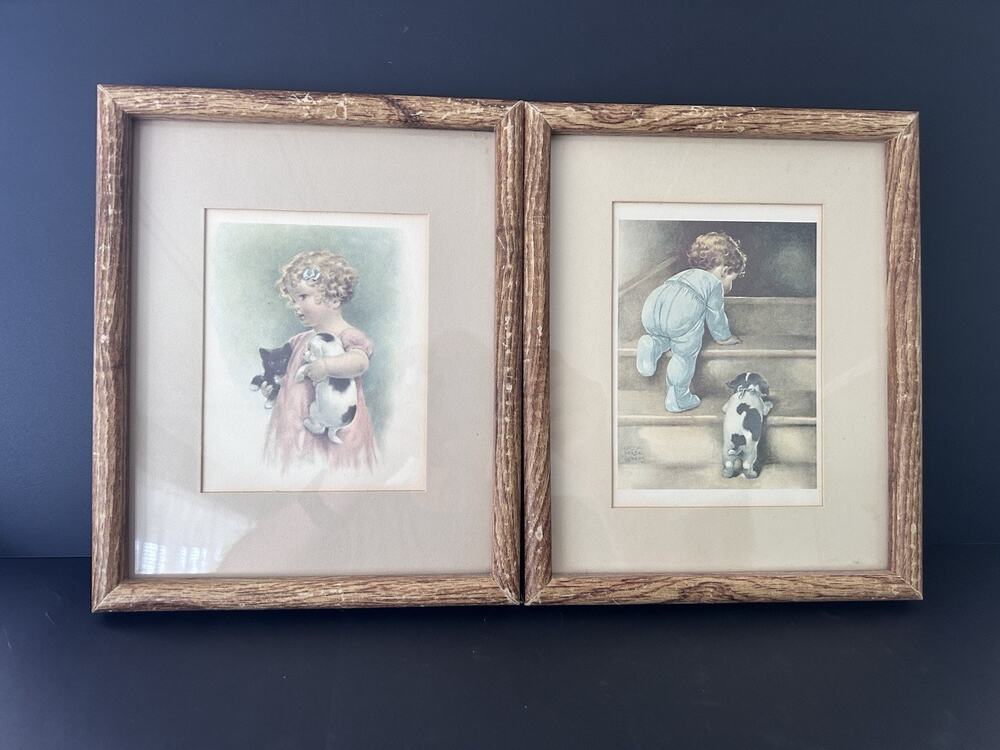 Vtg. Pair Gutmann NY Framed Nursery Prints 11x9 "Nitey Nite & Friendly Enemies"